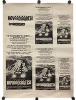 A vintage-style movie poster for the film 'Koyaanisqatsi' featuring multiple panels with black-and-white imagery, quotes, and title text on an off-white background, displayed against a white backdrop with black mounting clips at the corners.