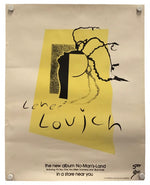 A vintage-style poster or album cover print pinned against a white background. The design has a beige paper look with a large yellow abstract shape, black scribbled text reading 'Lena Lovitch,' and smaller black text at the bottom including 'the new album No-Man's-Land.