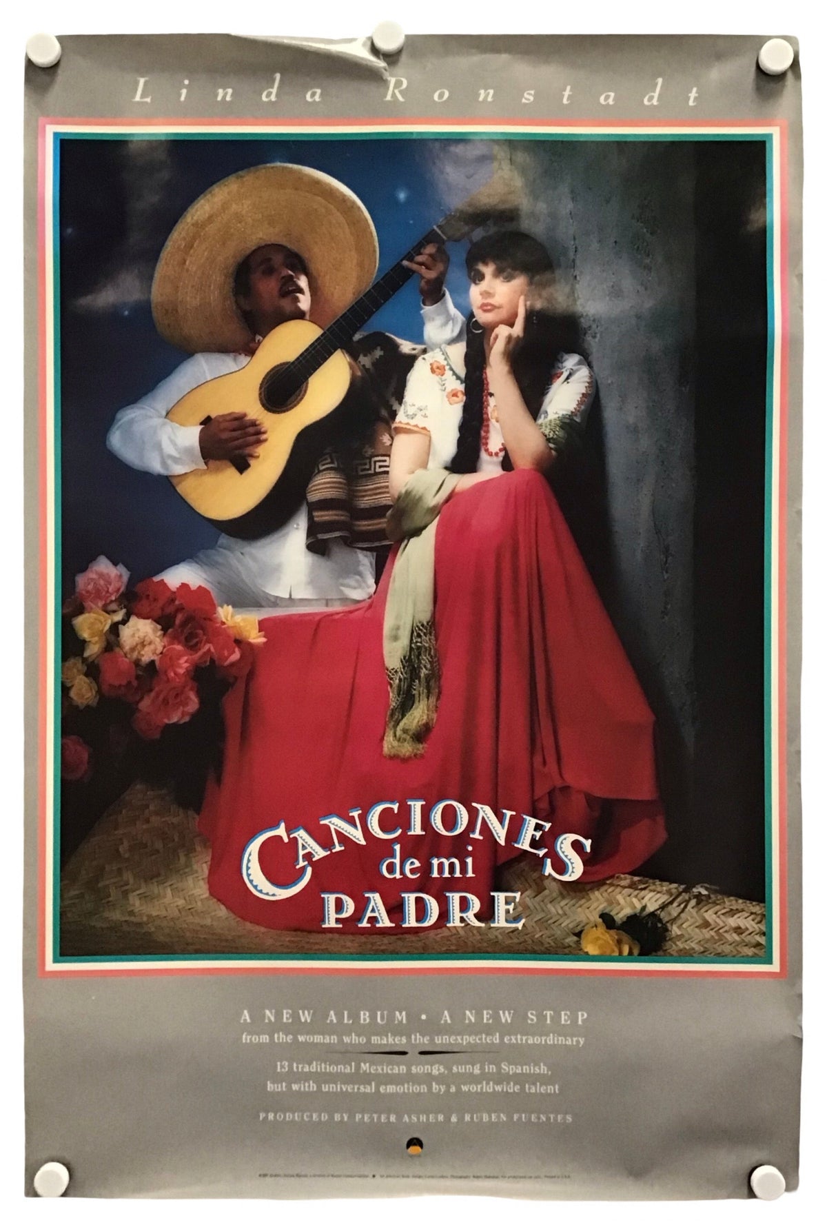 A vintage-style poster or album cover for Linda Ronstadt's 'Canciones de mi Padre', featuring a painted scene of a man playing guitar and a woman in a red skirt, with the title text at the bottom.