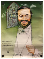A vintage-style illustrated poster or print featuring a caricature portrait of Luciano Pavarotti in a white tuxedo, with a stained-glass window motif behind him and text at the lower left reading 'General Motors Presents A Christmas Special with Luciano Pavarotti.' The print is photographed hanging against a plain white background.