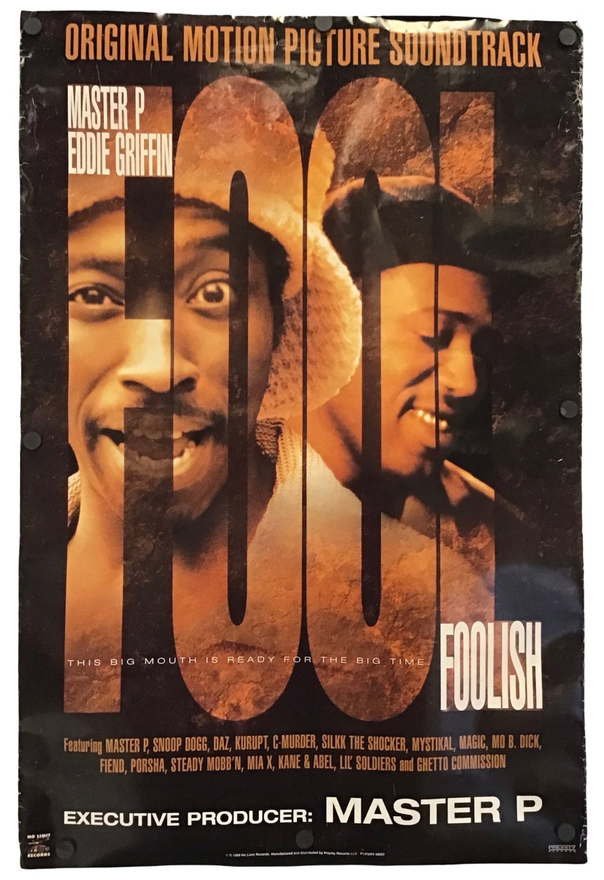 A vintage-style movie soundtrack poster for 'Foolish' featuring Master P and Eddie Griffin, with large vertical numerals and black bars over a sepia-toned portrait background.