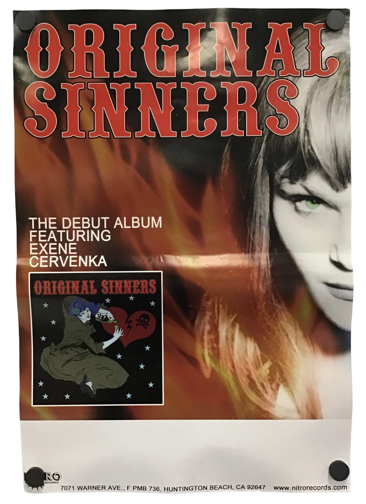 A vintage-style music poster or print for the album 'Original Sinners' featuring large red title text, a partial portrait of a woman, flame-like graphics, and a small inset album cover. The poster is photographed against a plain white background.