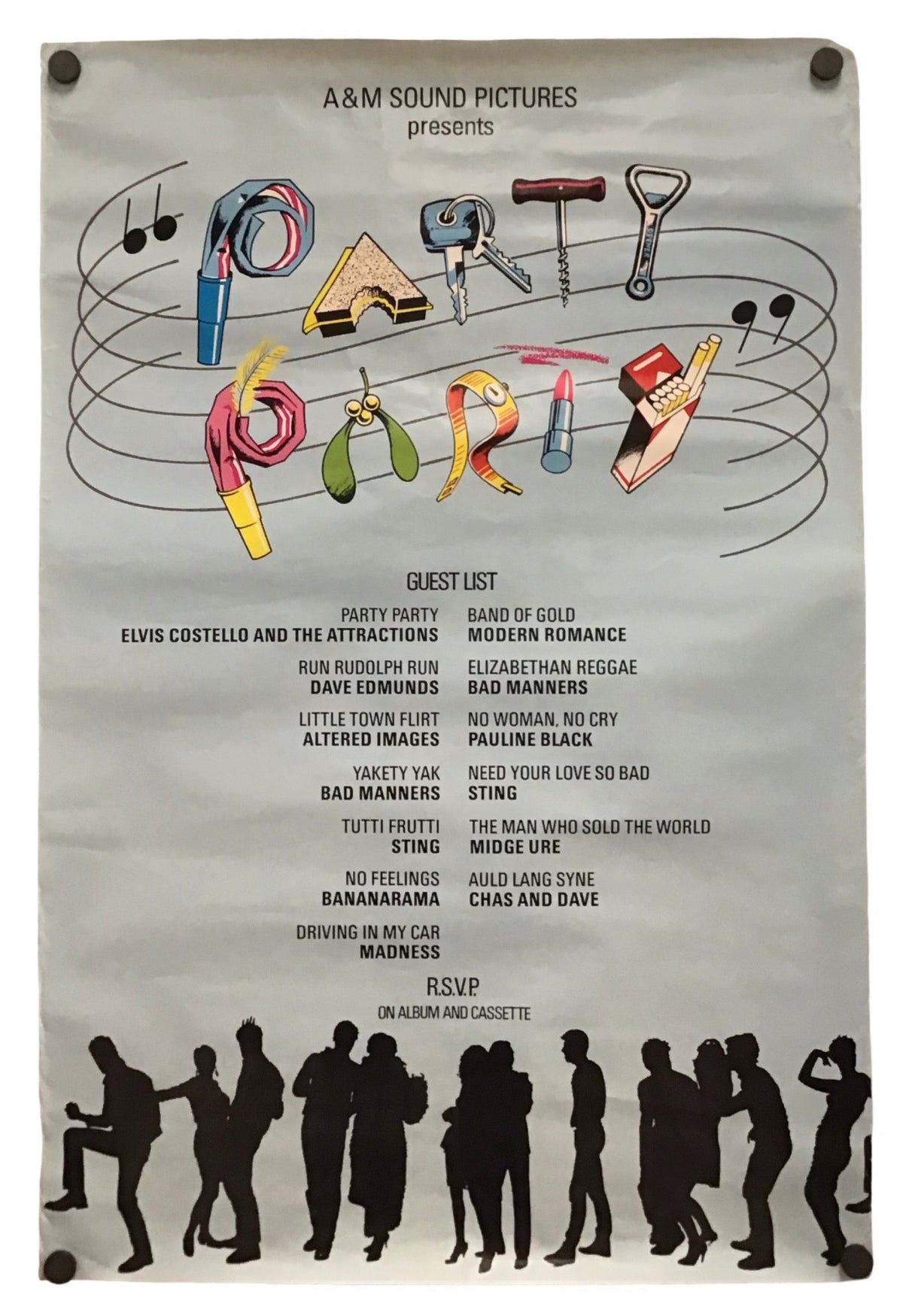 A vintage-style movie poster print featuring illustrated musical notes and instruments, a guest list of songs, and black silhouettes of dancing figures along the bottom. The poster is mounted against a plain white background.