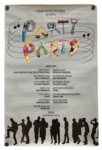 A vintage-style movie poster print featuring illustrated musical notes and instruments, a guest list of songs, and black silhouettes of dancing figures along the bottom. The poster is mounted against a plain white background.