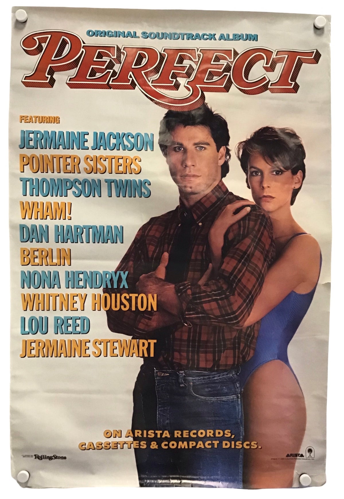 A vintage concert poster for the soundtrack album 'Perfect' featuring Jermaine Jackson and Cher, with artist names listed on a cream-colored background and held together by visible metal clips at the corners.