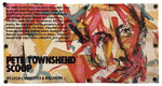 A rectangular printed sign or poster featuring an abstract painted face in red, beige, black, and white brushstrokes, with a quote on the left and the text 'Pete TOWNSHEND SCOOP' and 'ON ATCO CASSETTES & RECORDS' at the bottom. The object is photographed against a plain white background with a soft shadow.