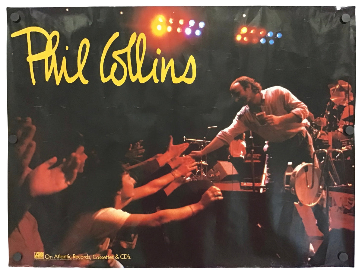 A vintage concert poster for Phil Collins featuring a live performance scene with stage lights, clapping audience members, and the artist on stage. The name 'Phil Collins' is written in large yellow script across the top left.