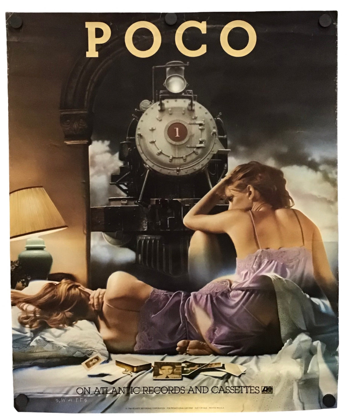 A vintage-style promo poster for 'Poco' featuring a woman in a purple dress lying on a bed with a train and steam locomotive behind her, shown against a plain white background.