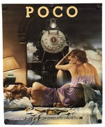 A vintage-style promo poster for 'Poco' featuring a woman in a purple dress lying on a bed with a train and steam locomotive behind her, shown against a plain white background.