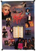 A vintage-style music poster for 'Pringles' presents 'Billboard's Rock 1987' hangs against a plain white background. The poster features multiple photos of music icons, a song list printed inside a book graphic, and a group of rock stars along the bottom.