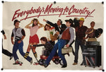 Vintage-style poster print with the text 'Everybody's Moving to Country!' and a group of illustrated people in casual country-themed clothing, shown hanging against a white background.