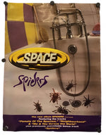 A vintage-style album poster for the band Space, featuring a bathtub scene with shower fixtures, several spiders, and a purple-and-yellow checkered flag. The band name 'SPACE' appears prominently in a yellow oval, with 'Spiders' written below in purple.