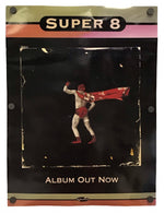 A retro-style metal band poster for Super 8, featuring a dark black background with a central illustration of a figure in red and white holding a red flag. The top displays 'SUPER 8' in bold white letters, and the bottom reads 'ALBUM OUT NOW'.