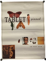 A vintage-style poster print titled 'TABLET pinned' featuring insect specimens, a small figure, and collage elements on an off-white background, photographed hanging against a white wall.