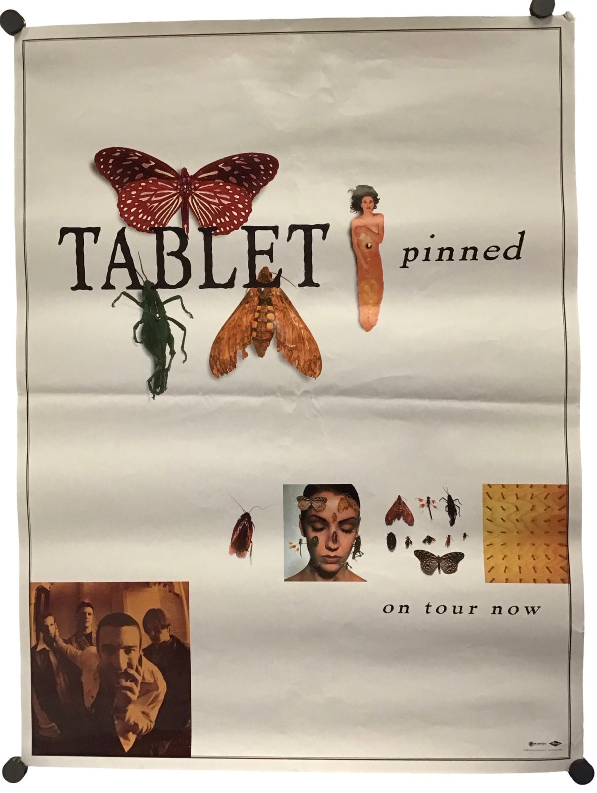 A vertical poster or art print with the word "TABLET" and the word "pinned" on an off-white background, decorated with butterfly and moth illustrations, a small figure, and several smaller inset images. The poster is photographed hanging against a white wall with black wall hooks visible at the corners.