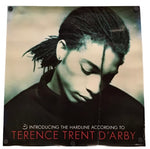A square wall poster featuring a black and white portrait of Terence Trent D'Arby with red text at the bottom reading 'INTRODUCING THE HARDLINE ACCORDING TO TERENCE TRENT D'ARBY'.