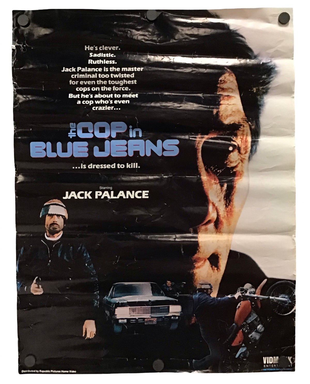 A vintage movie poster for the film 'Cop in Blue Jeans' starring Jack Palance, displayed flat against a white background.