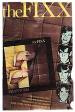 A vintage band poster for 'the FIXX' featuring the band members' faces on the right, a central album cover graphic for 'PHANTOMS', and yellow text on a brown tiled background.