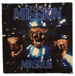 A square wall tapestry featuring the band 'The Mission' and their 'Masque' album artwork, displayed against a plain white background.