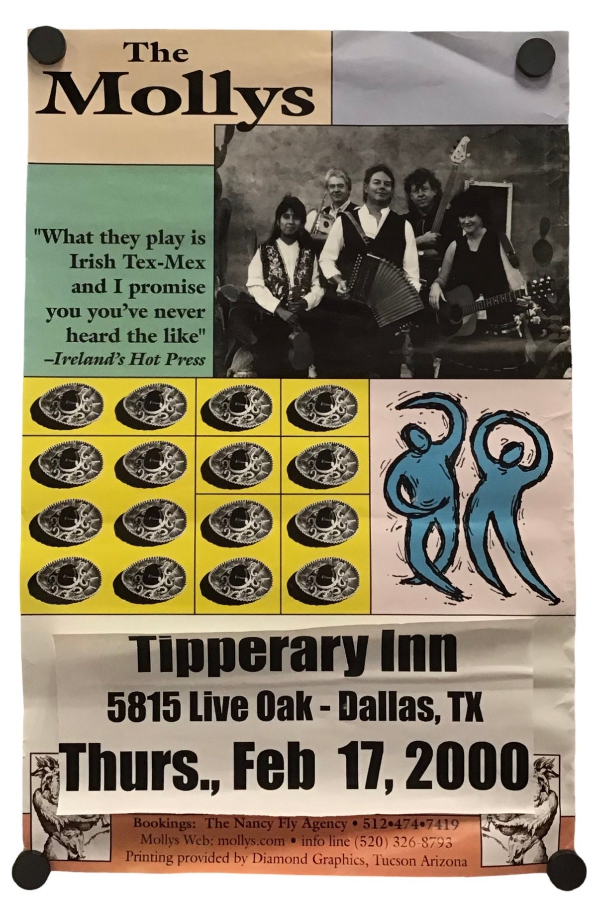 A vintage-style poster print for The Mollys, featuring a black-and-white band photo, a teal quote, yellow blocks, circular black-and-white illustrations, and a blue stylized figure. Text at the bottom reads 'Tipperary Inn 5815 Live Oak - Dallas, TX Thurs, Feb 17, 2000.