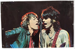 A vintage-style concert poster print depicting two rock musicians singing into microphones against a dark stage background, shown hanging with visible wall anchors on a white wall.