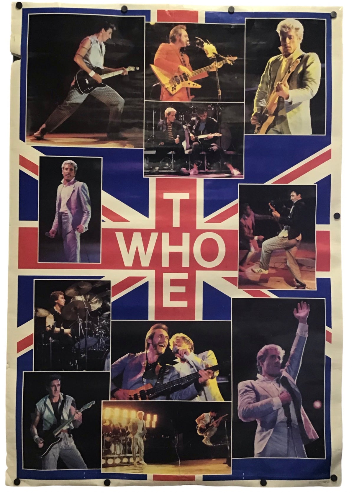 A vintage-style poster or wall hanging featuring a collage of multiple concert photos arranged around a large red, white, and blue Union Jack design with the text 'THE WHO' in the center. The poster is photographed hanging against a plain white background.