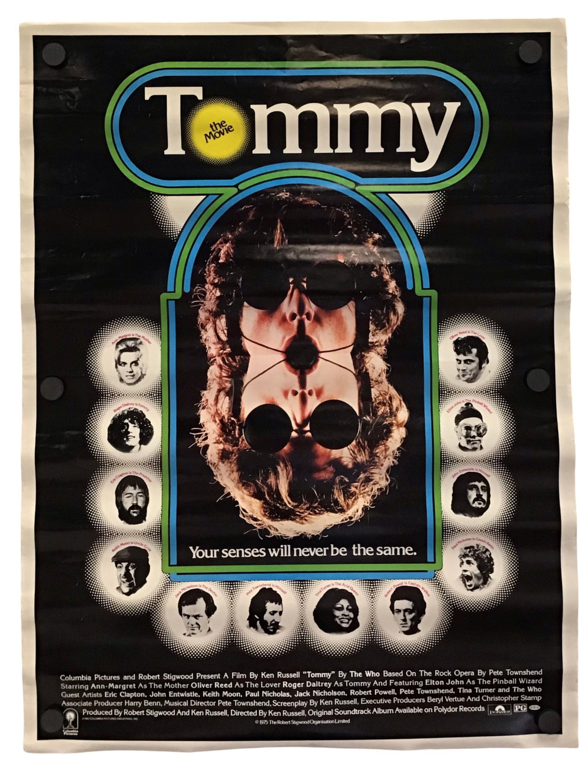 A vintage-style movie poster for the film 'Tommy' featuring a black background, a large stylized 'Tommy' title at the top, a central figure with sunglasses and a blurred face, and multiple circular character portraits arranged around the center.