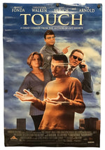 A vintage movie poster for the film 'Touch' featuring cast members Bridget Fonda, Christopher Walken, Kelsey Ulrich, and Tim Arnold in front of a stormy blue sky, displayed flat against a white background.