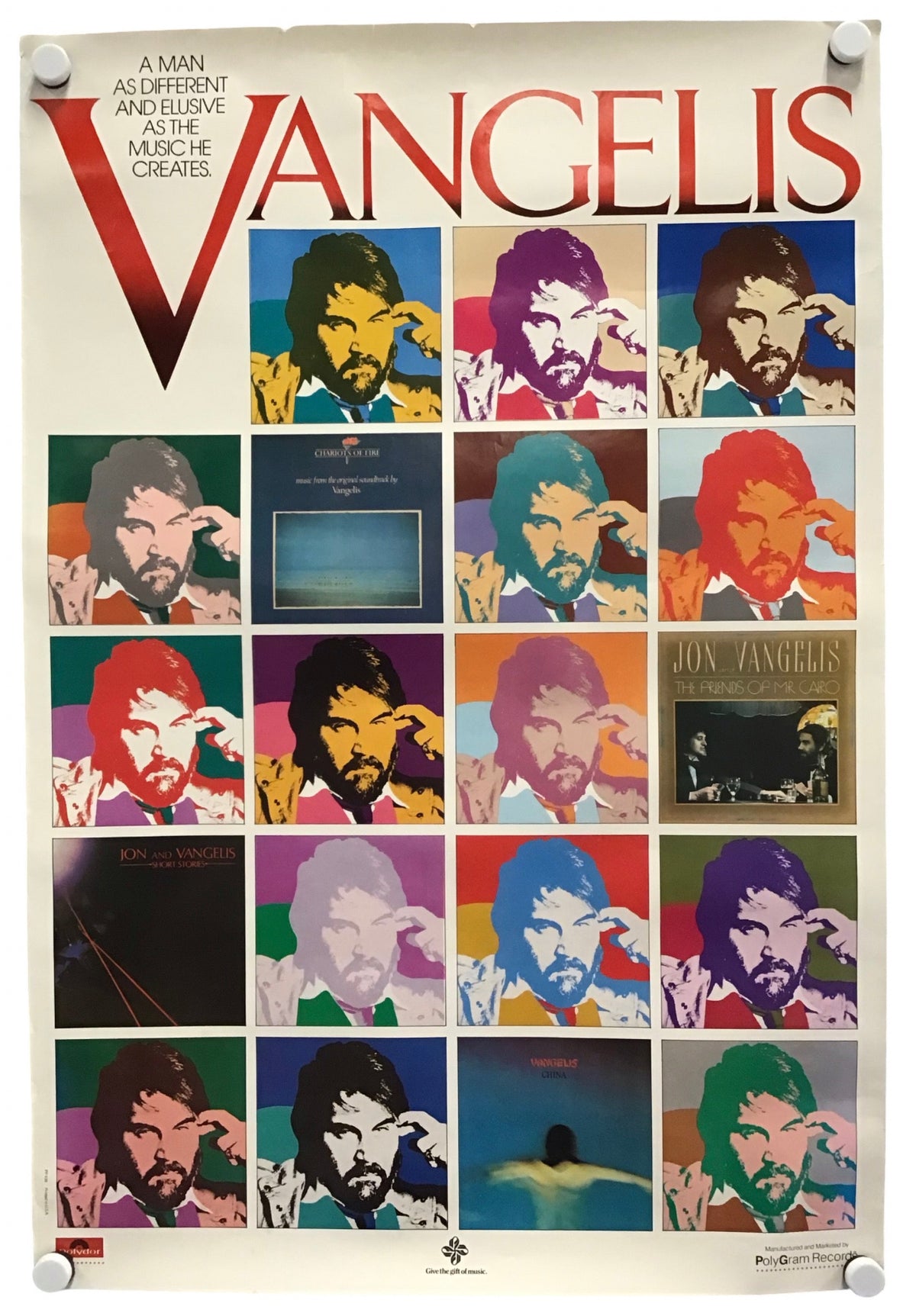 A vintage-style poster for 'Vangelis' hangs on a wall with binder clips at the corners. The poster features a large red 'V' and the word 'VANGELIS' at the top, with a grid of colorful pop-art portraits of a bearded man in various colored outfits.