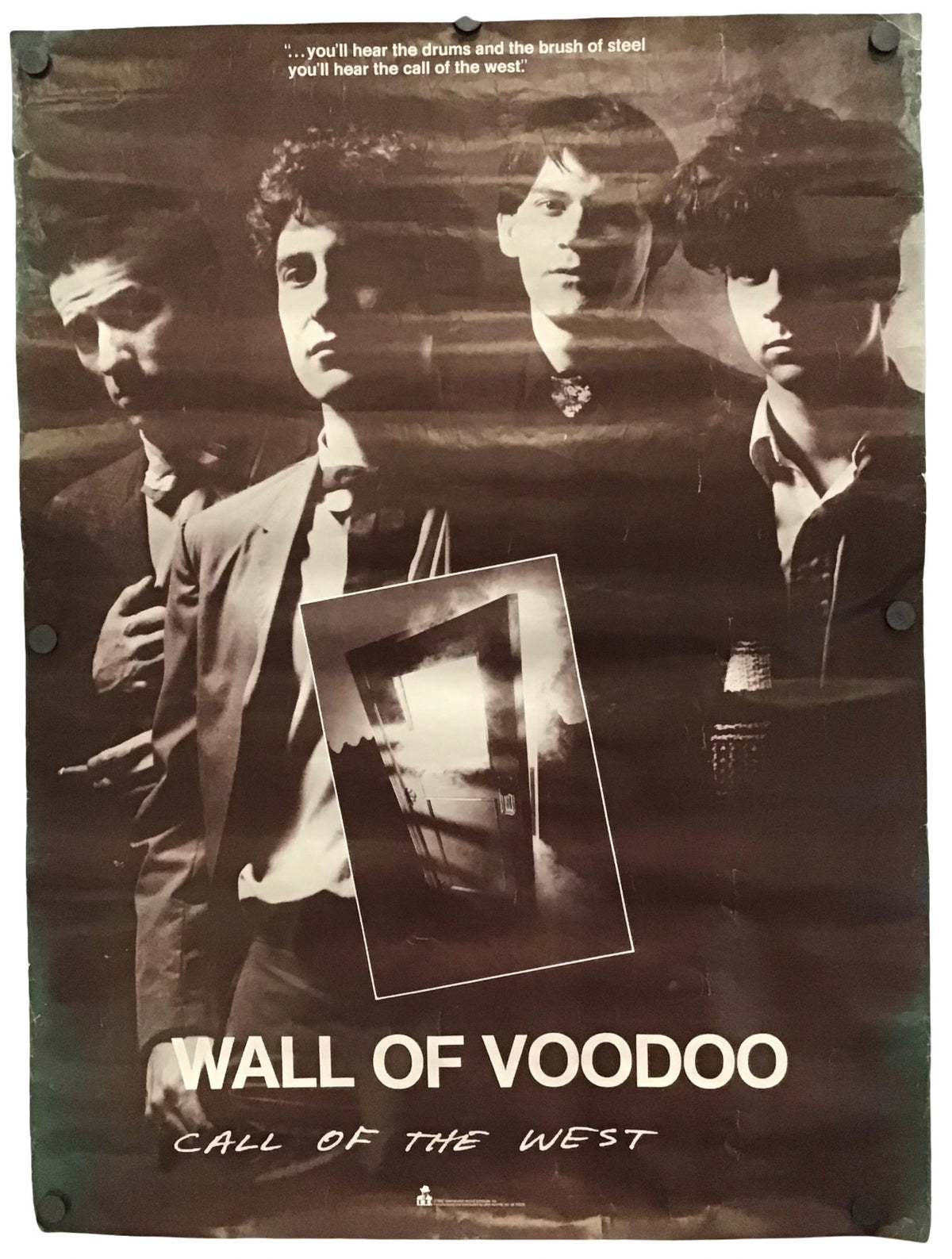 A vintage-style movie poster for 'Wall of Voodoo: Call of the West' featuring four men in dark suits against a sepia-toned background, with a small inset photo and bold white title text at the bottom.