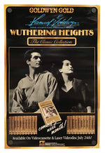 A vintage-style Wuthering Heights movie poster or cover art featuring the title, actor names, and a black-and-white scene of two people, with gold and blue text accents on a dark background.