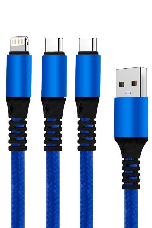 3 In 1 Cable With 1 Type-C and 2 Lightning Head Jacks Blue