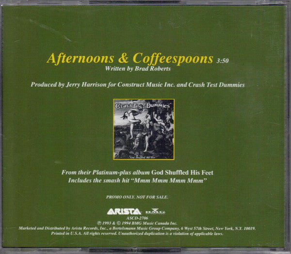 Crash Test Dummies : Afternoons & Coffeespoons (CD, Single, Promo)