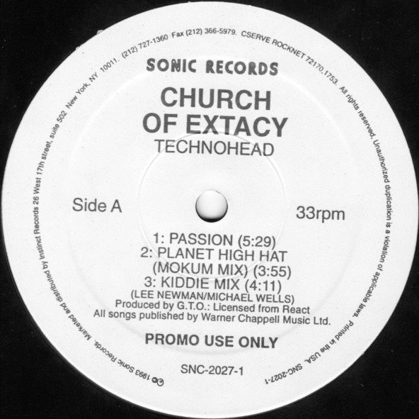 Church Of Extacy : Technohead (12", EP, Promo)