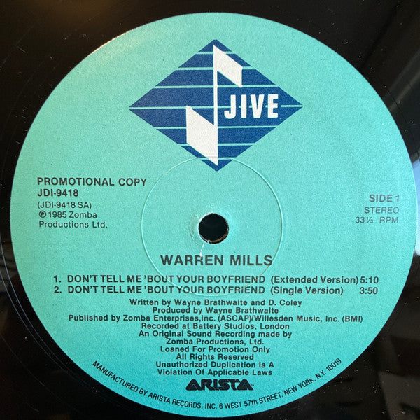 Warren Mills : Don't Tell Me 'Bout Your Boyfriend (12", Promo)