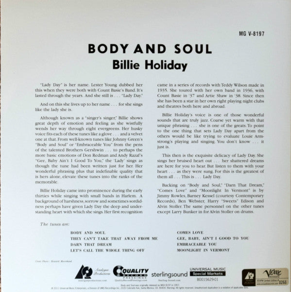 Billie Holiday : Body And Soul (2xLP, Album, Mono, Ltd, Num, RE, RM, 200)