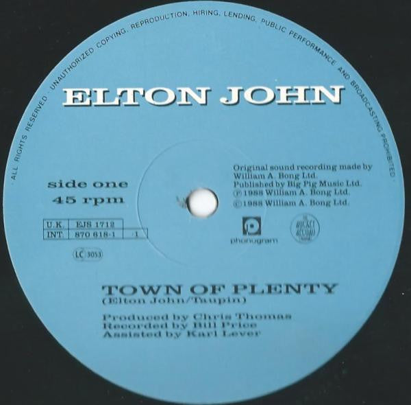 Elton John : Town Of Plenty (12", Single)