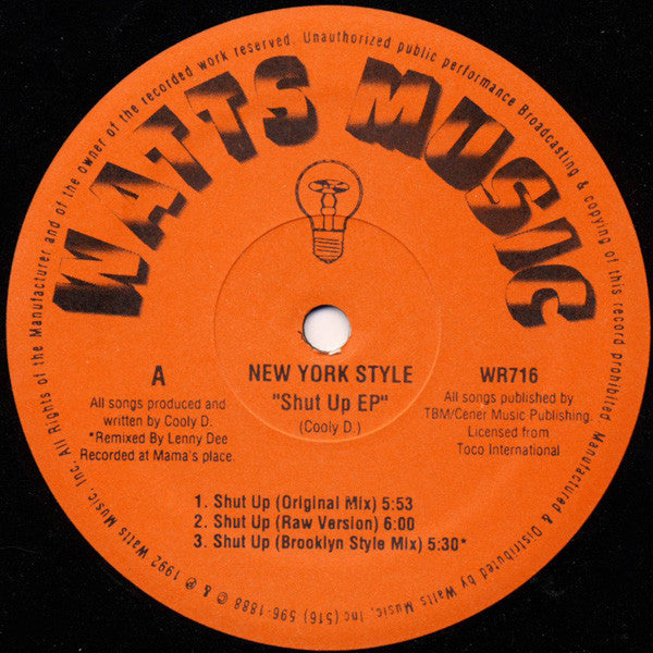 New York Style : Shut Up EP (12", EP)