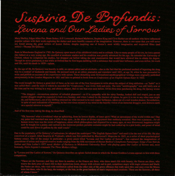 Thomas De Quincey (2) , Read By Laurence R Harvey , Score By Chris Bozzone : Suspiria De Profundis: Levana And Our Ladies Of Sorrow (7", Ltd, Nat)