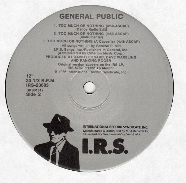 General Public : Too Much Or Nothing (Extended Mix) (12", Pin)
