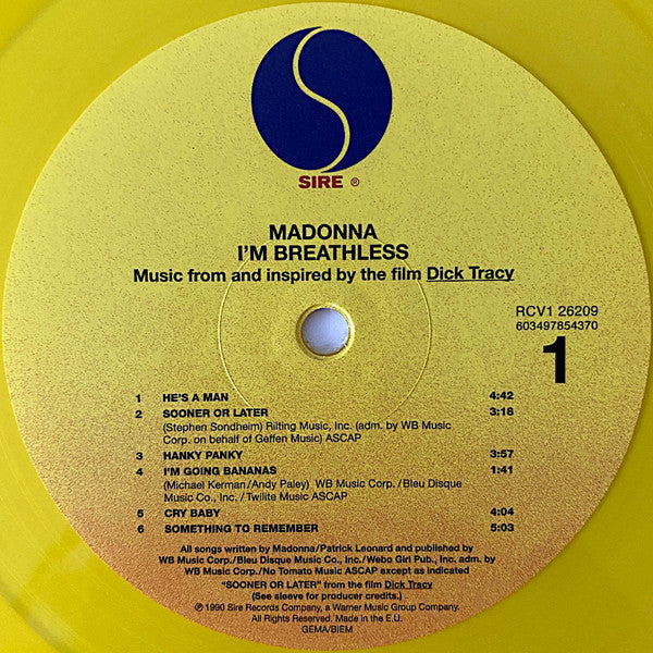 Madonna : I'm Breathless (Music From And Inspired By The Film Dick Tracy) (LP, Album, Ltd, RE, Yel)