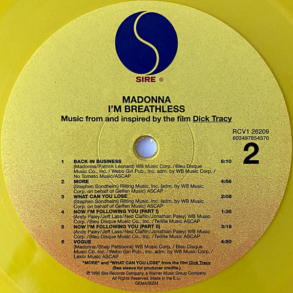 Madonna : I'm Breathless (Music From And Inspired By The Film Dick Tracy) (LP, Album, Ltd, RE, Yel)