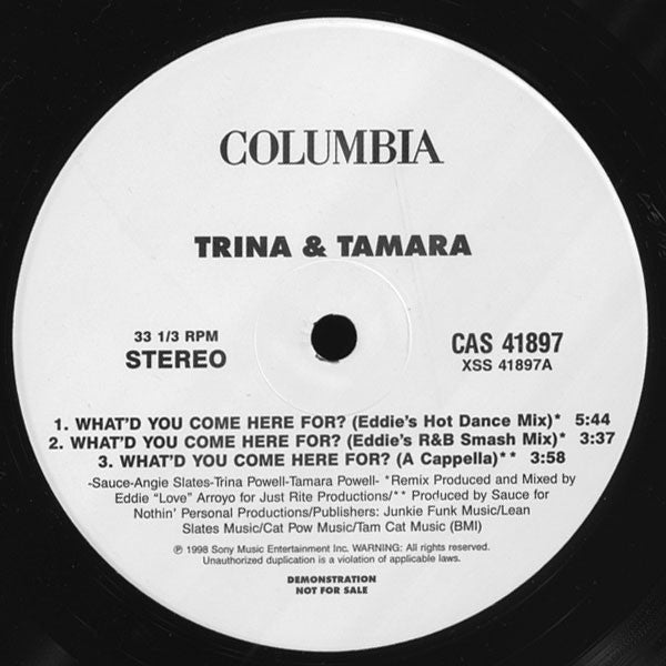 Trina & Tamara : What'd You Come Here For? (Remixes) (12", Single, Promo)