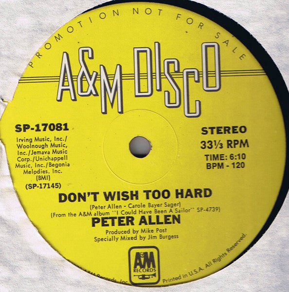 Peter Allen : Don't Wish Too Hard (12", Promo)