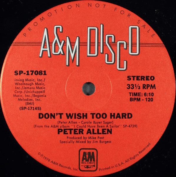 Peter Allen : Don't Wish Too Hard (12", Promo)