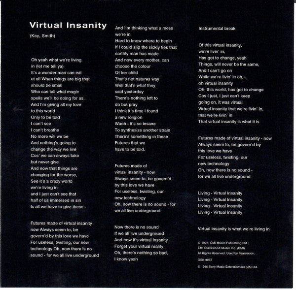 Jamiroquai : Virtual Insanity (CD, Maxi, Promo)