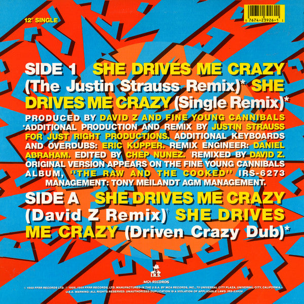 Fine Young Cannibals : She Drives Me Crazy (12", Single, Pin)