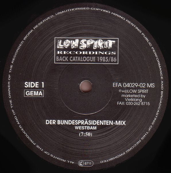 WestBam : Der Bundespräsidenten-Mix / Der Pink Panther-Mix (12", Ltd)