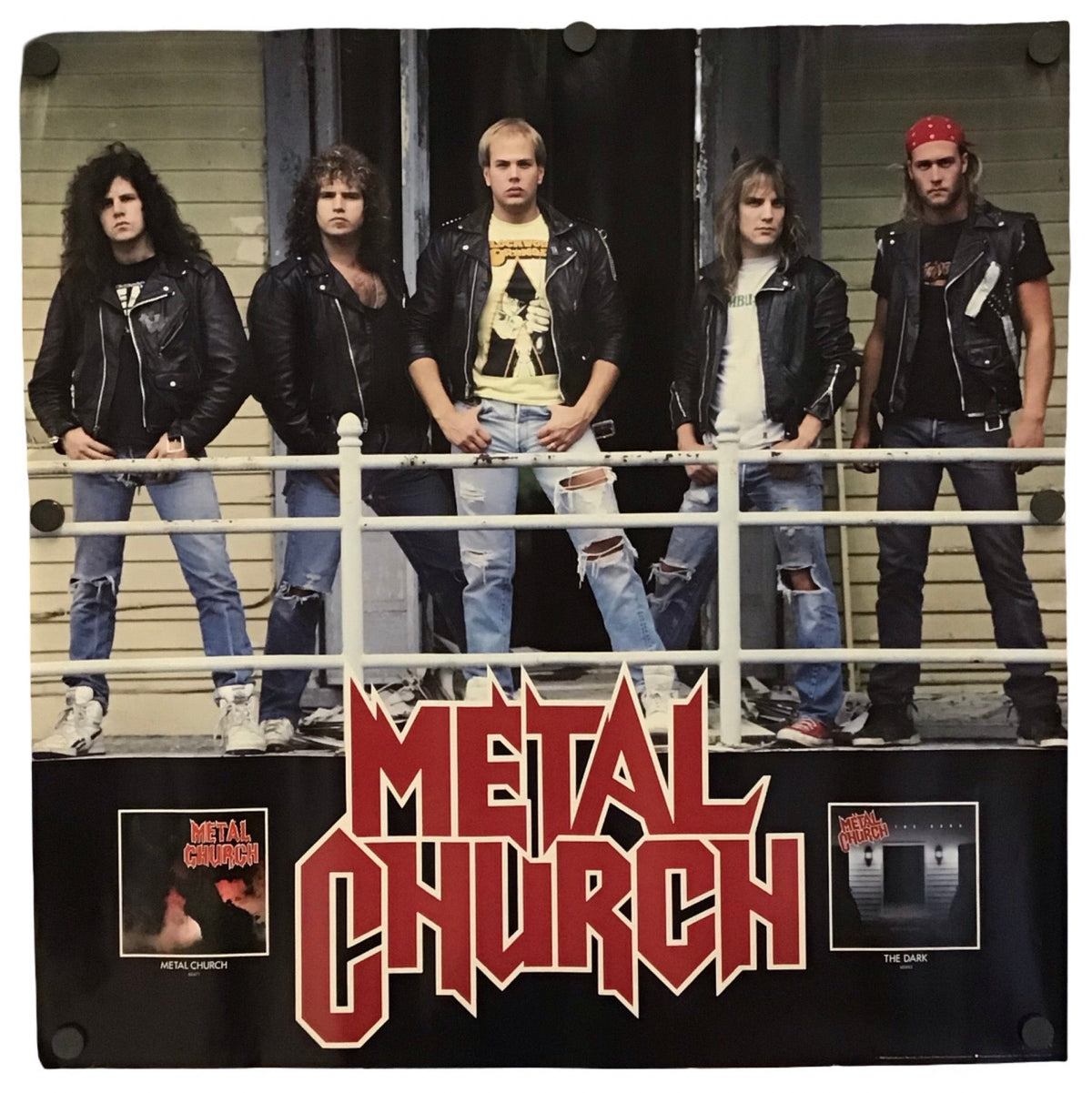 Metal Church poster, featuring the band members standing on a stage with the band's name in red and black stylized lettering.