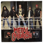 Metal Church poster, featuring the band members standing on a stage with the band's name in red and black stylized lettering.